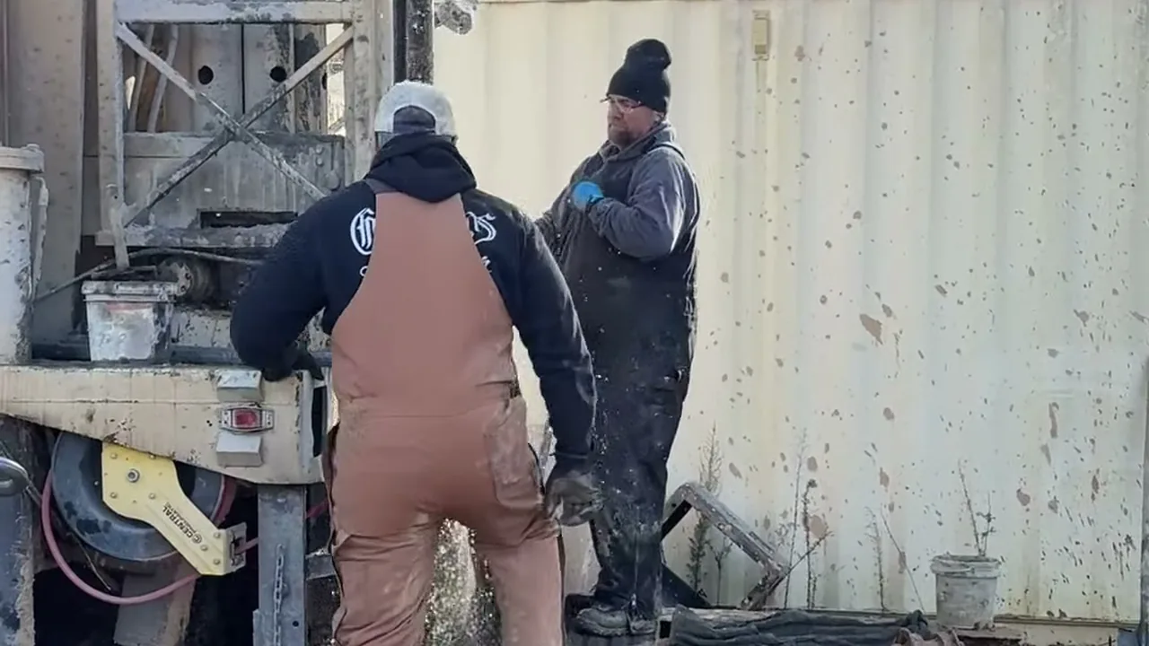 Crew members working at the drill rig on a winter job site