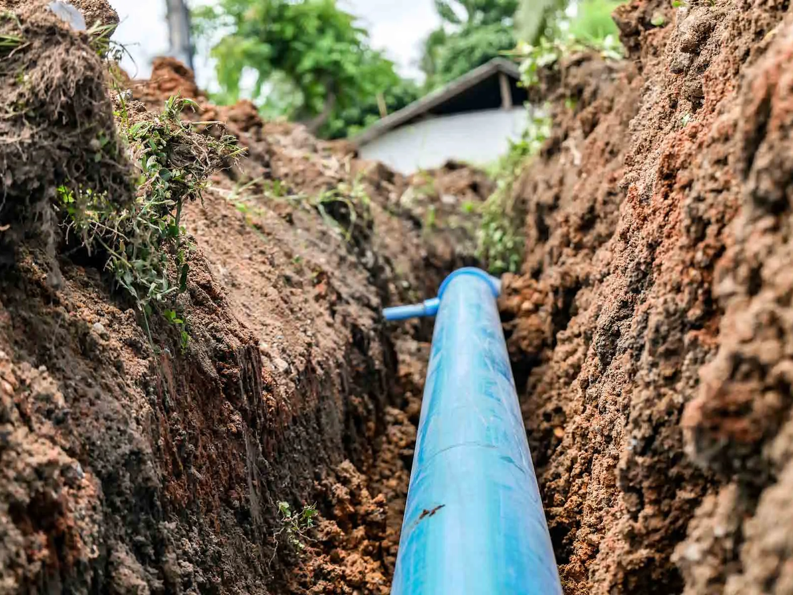 A blue water supply line laid in a narrow red clay trench running toward a house