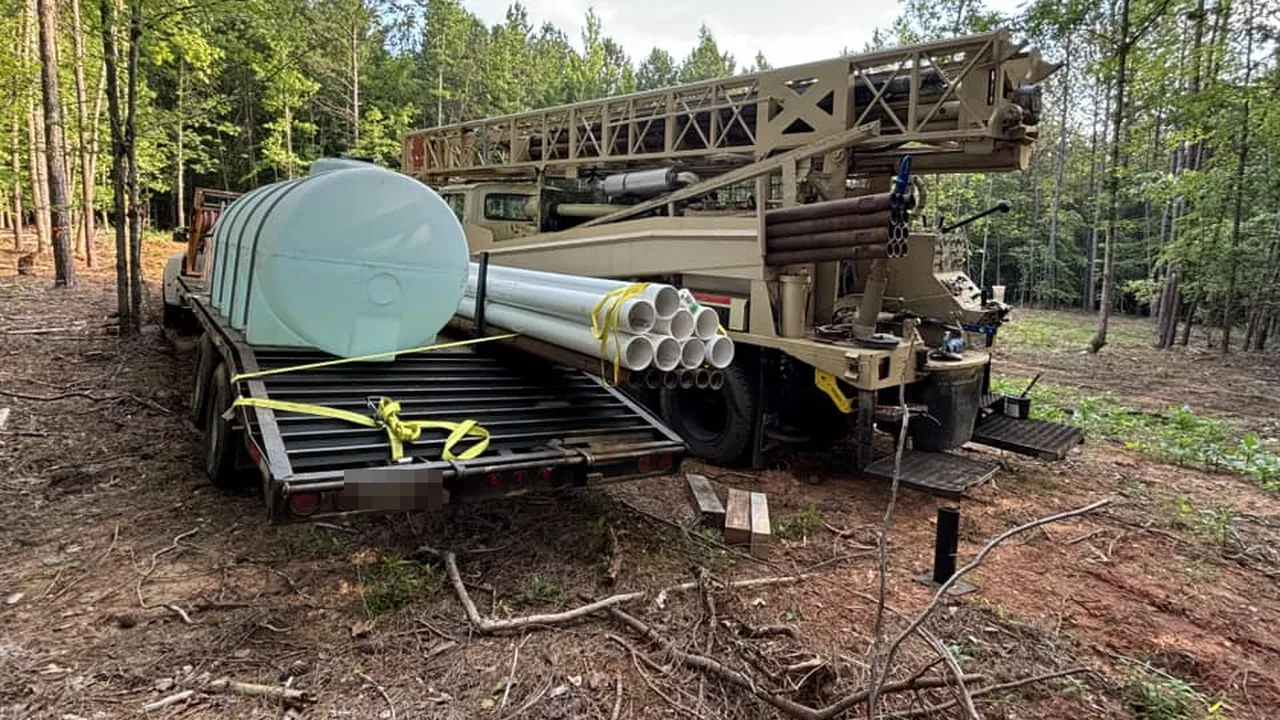 A drill rig with a water tank trailer and white well casing pipe strapped down on a cleared lot in the pines