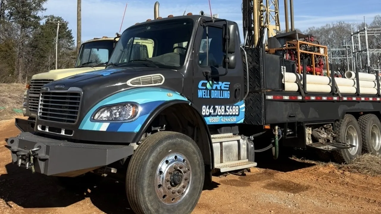 The Core Well Drilling rig truck on a red clay lot with white PVC pipe racked on its deck, the kind of ground we drill around Landrum