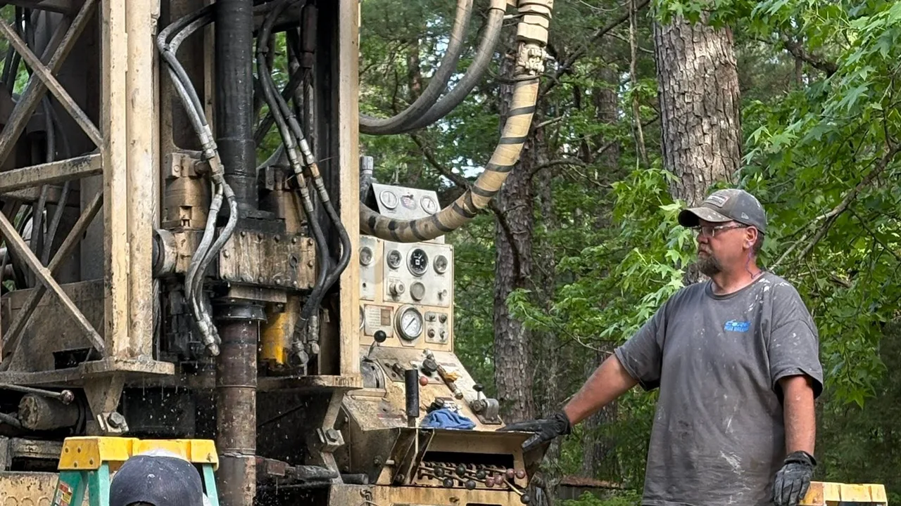 A driller at the controls of a truck-mounted drill rig in the pines, the kind of rural land we drill around York