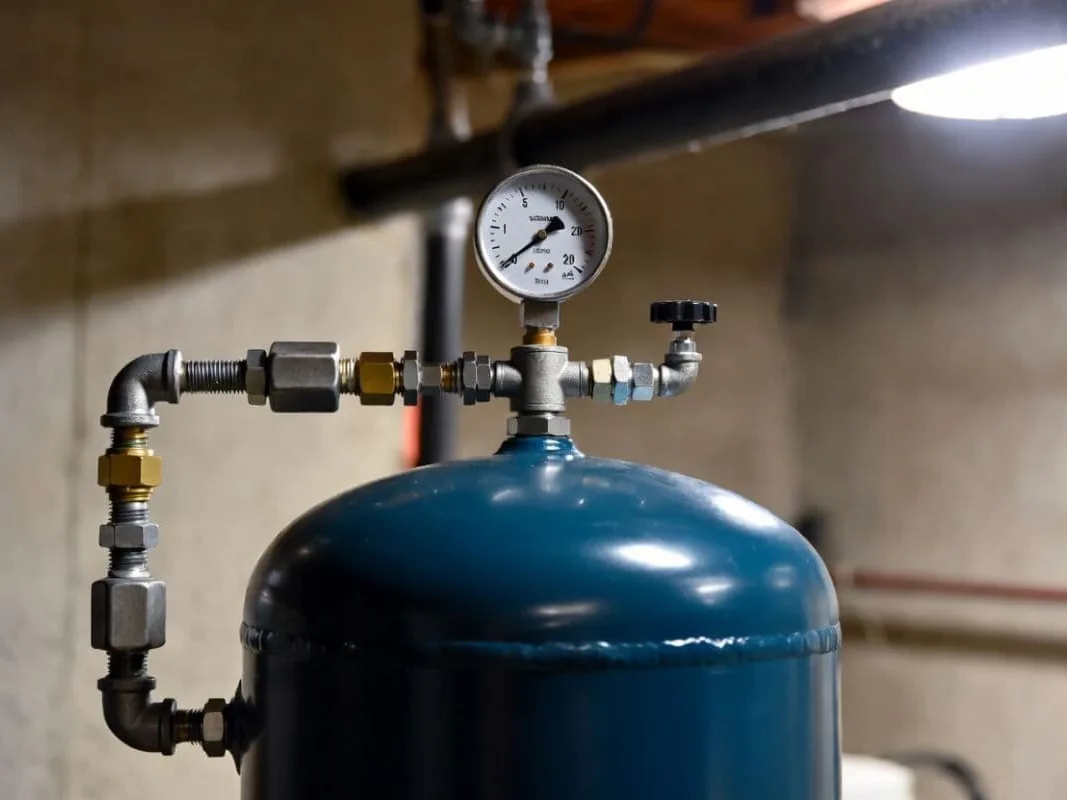 Close-up of the top of a well pressure tank with its pressure gauge, shutoff valve and threaded steel piping