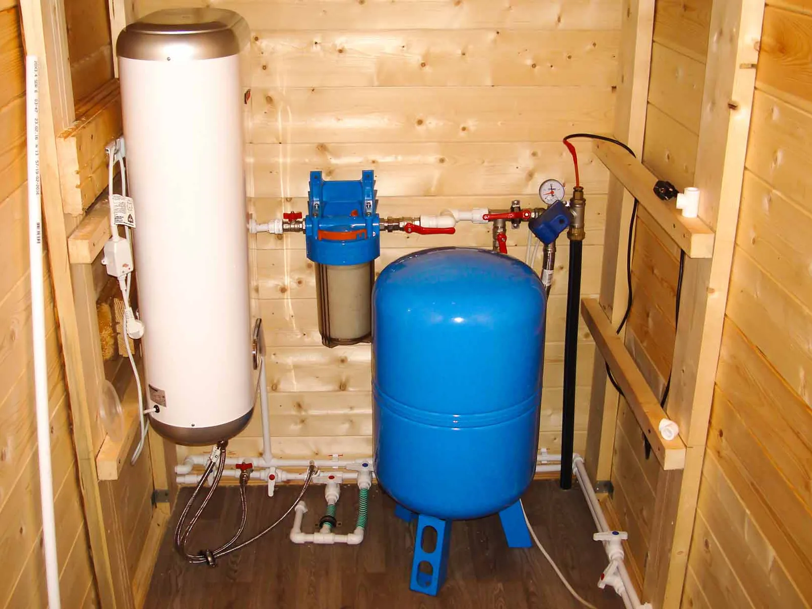 A blue well pressure tank, sediment filter and gauge plumbed along the wall of a wood-lined well house